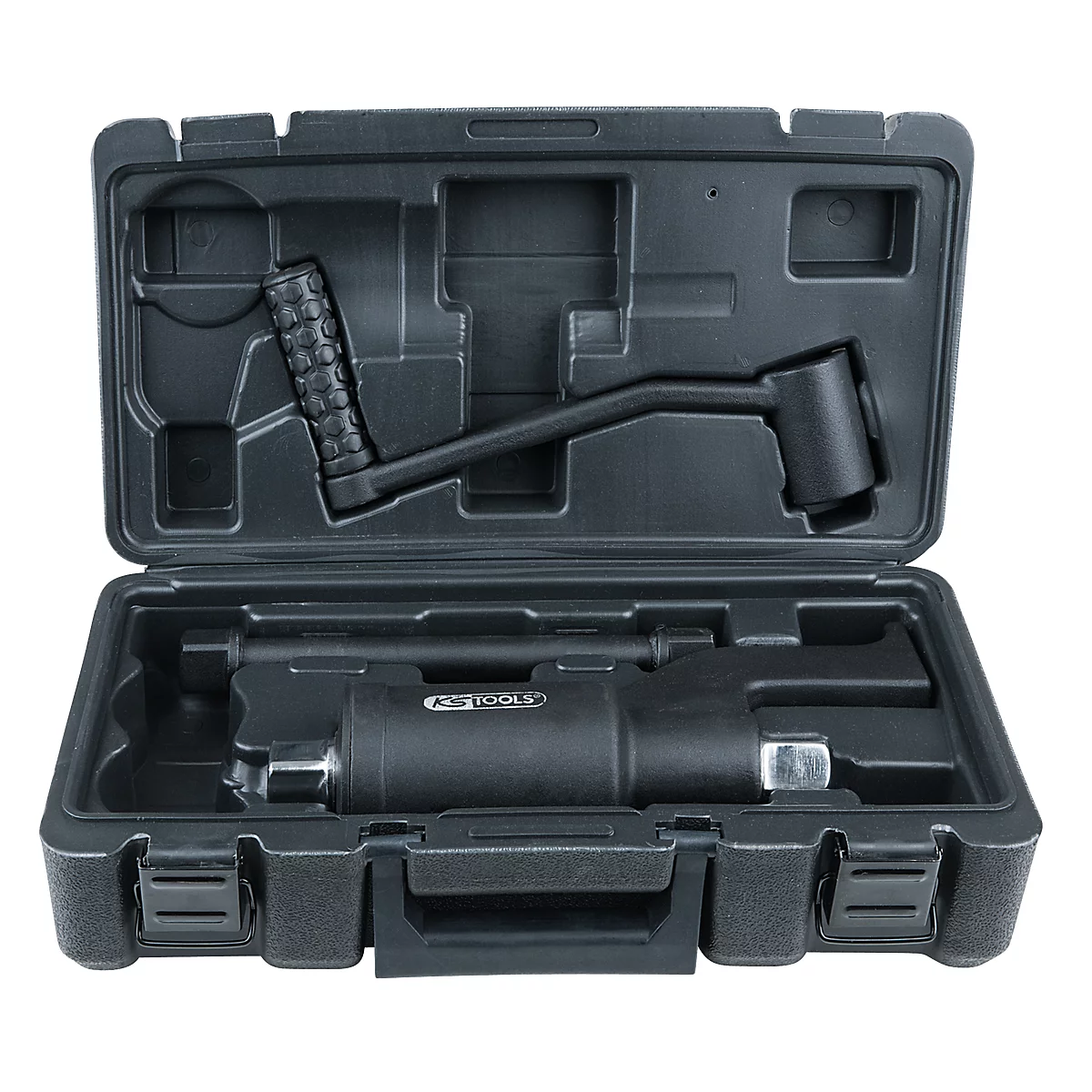 Schwarzer Werkzeugkoffer mit Werkzeug, geöffnet. Werkzeug: Hebel, Stange, und Zylinder. Die Marke "KS TOOLS" ist sichtbar.